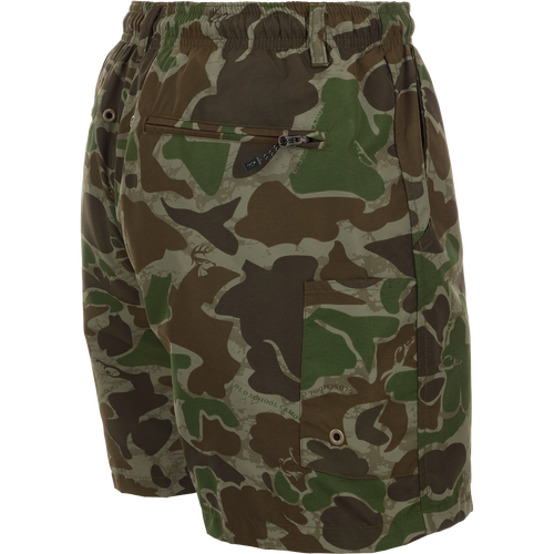 Camo Dock Shorts - Old School Green: Durable nylon shorts with camo pattern, elastic waist, drawstring, and multiple mesh-lined pockets.