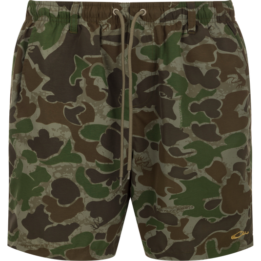 Camo Dock Shorts - Old School Green: Durable nylon shorts with elastic waist, drawstring, and multiple pockets for outdoor activities.