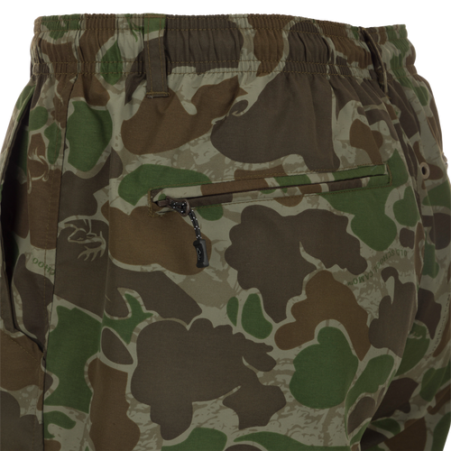 Camo Dock Shorts - Old School Green: Durable nylon fabric with camouflage pattern. Water-resistant, quick-drying. Elastic waist, drawstring, mesh-lined pockets, YKK zippered back pockets, pliers pocket. 6