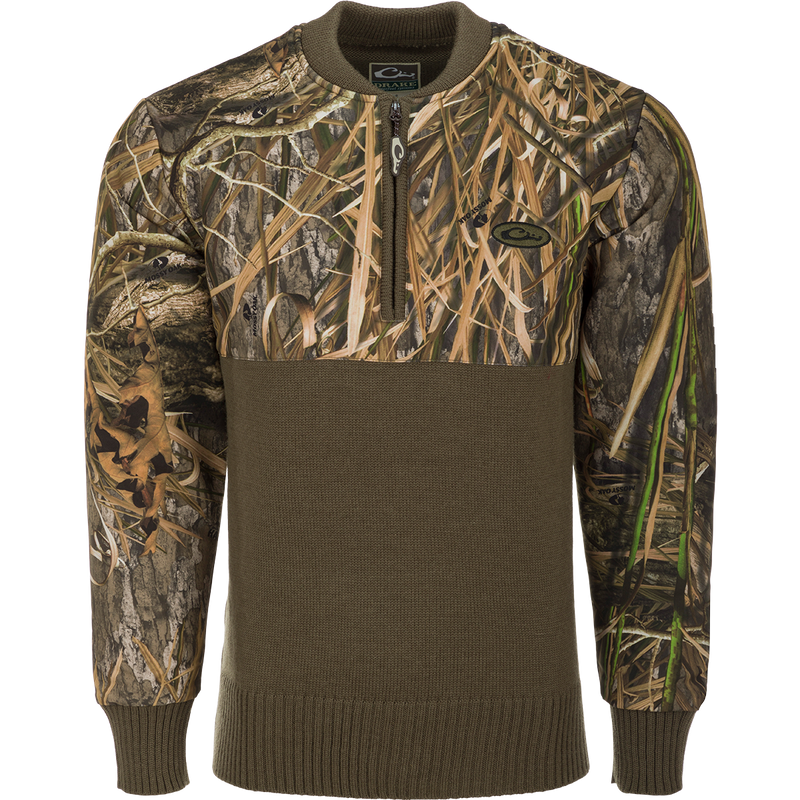 A warm and breathable Camo 1/4 Zip Wool Sweater with a polyester upper treated with DWR for protection against the elements. Perfect for outdoor activities.
