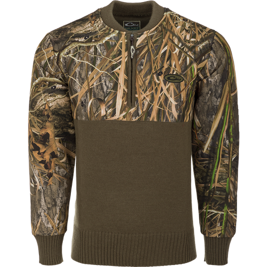 A warm and breathable Camo 1/4 Zip Wool Sweater with a polyester upper treated with DWR for protection against the elements. Perfect for outdoor activities.