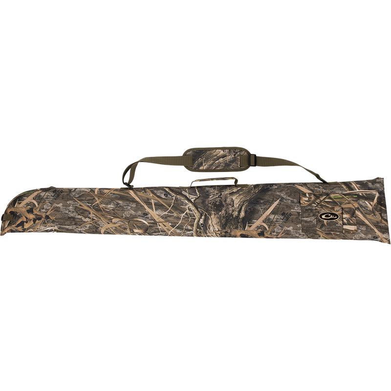A side-opening gun case with a camouflage cover and strap, made of rugged HD2™ material. Features a hook and loop side flap for easy cleaning and drying. Accommodates shotguns up to 52