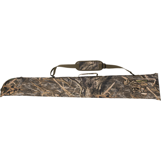 A side-opening gun case with a camouflage cover and strap, made of rugged HD2™ material. Features a hook and loop side flap for easy cleaning and drying. Accommodates shotguns up to 52" in length. Includes an outer pocket for choke tubes. Ideal for hunting and outdoor activities.