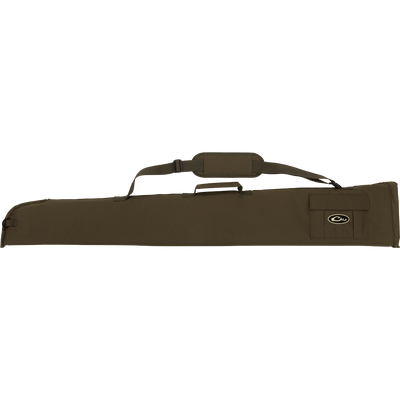 Side-Opening Gun Case with green bag, strap, and accessory pocket for choke tubes. Rugged HD2™ material and nylon liner for water resistance. Adjustable strap and top carry handle. Shotgun up to 52