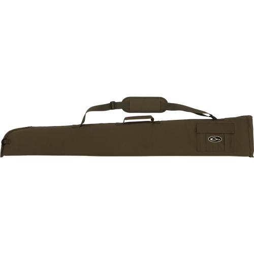 Side-Opening Gun Case with green bag, strap, and accessory pocket for choke tubes. Rugged HD2™ material and nylon liner for water resistance. Adjustable strap and top carry handle. Shotgun up to 52