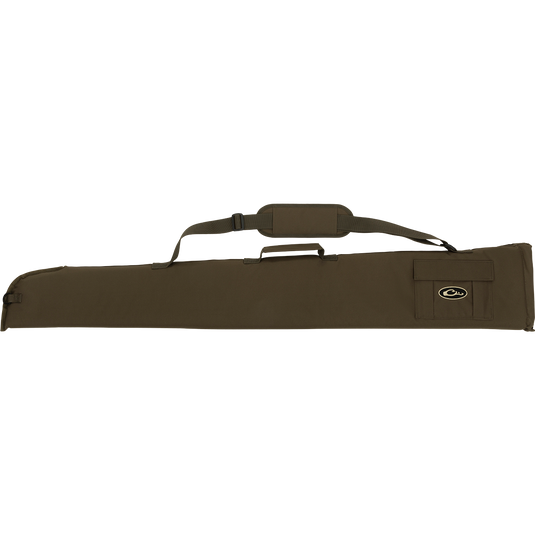 Side-Opening Gun Case with green bag, strap, and accessory pocket for choke tubes. Rugged HD2™ material and nylon liner for water resistance. Adjustable strap and top carry handle. Shotgun up to 52" length.
