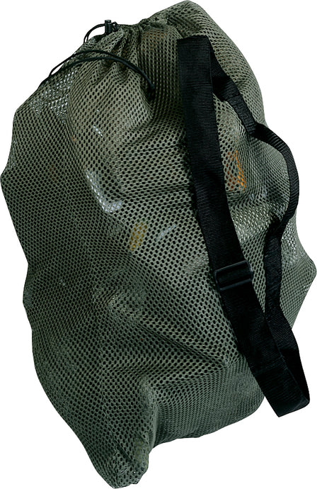 Mesh Decoy Bag - 12/20: A compact black bag with strap for hunters. Made of heavy-duty polyester mesh. Holds up to 12 magnum or 20 standard duck decoys. Lightweight and ideal for traveling light.