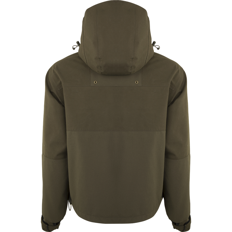 A waterproof jacket with a hood, designed for hunters. Features multiple pockets, adjustable cuffs, and a fleece-lined hood.