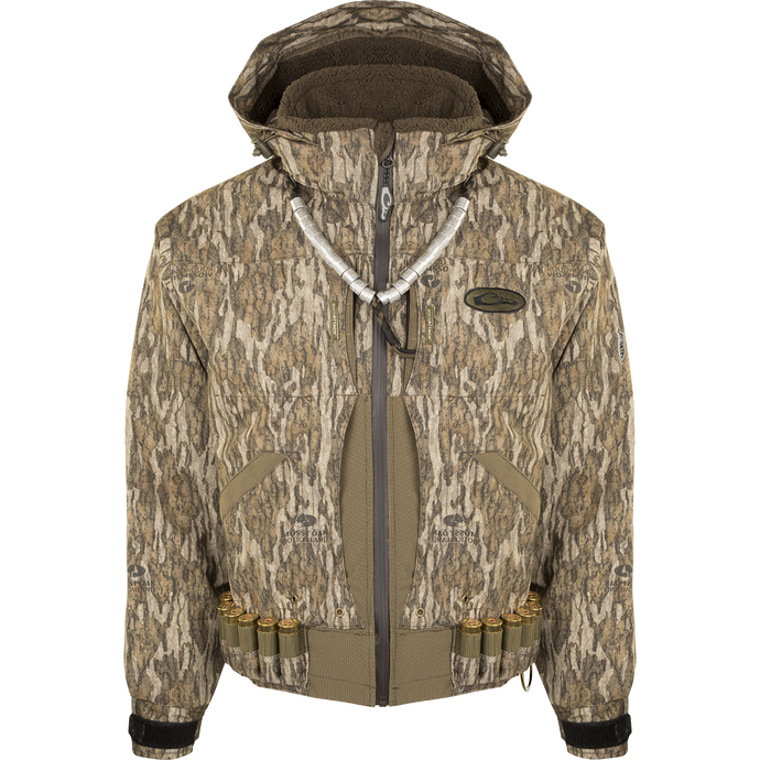 Guardian Elite Flooded Timber Insulated Jacket - a hooded jacket with a belt, designed for hunters in flooded areas. Waterproof, windproof, and breathable. Features multiple pockets and body-mapped insulation.