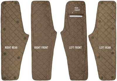 A pair of brown pants with buttons, part of the Guardian Flex™ G3 Flex™ Bib with BMZ System Liner from Drake Waterfowl. Adjust insulation with removable panels for varying weather conditions. Waterproof, windproof, and breathable. Perfect for hunting and outdoor activities.