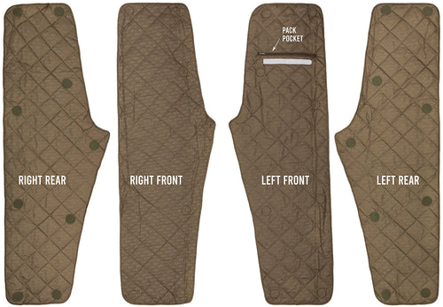 A pair of brown pants with buttons and a brown bag with white text, featured in the Guardian Flex G3 Flex Bib with BMZ System Liner. The pants are insulated bibs with adjustable panels for weather conditions. The bag is for storing the removable panels. Perfect for hunting and outdoor activities.