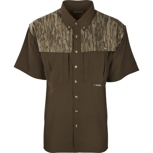 EST Two-Tone Camo Flyweight Wingshooter's Shirt S/S: A lightweight, breathable hunting shirt with camo pattern, UPF 50+ sun protection, vented mesh back, and multiple chest pockets.