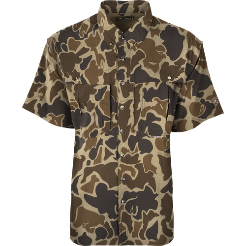 EST Camo Flyweight Wingshooter's Shirt: Lightweight, breathable hunting shirt with camo pattern, moisture-wicking fabric, UPF 50+ sun protection, vented back, and multiple chest pockets.