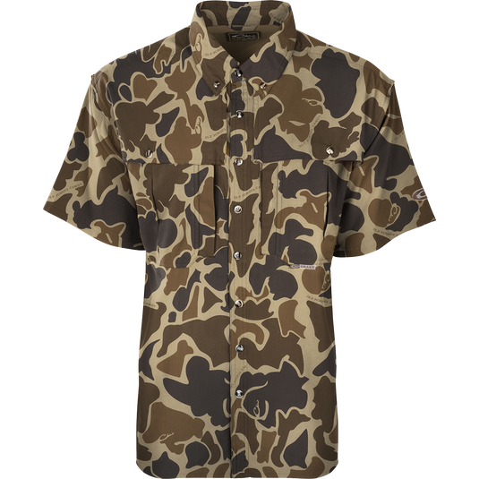 EST Camo Flyweight Wingshooter's Shirt: Lightweight, breathable hunting shirt with camo pattern, moisture-wicking fabric, UPF 50+ sun protection, vented back, and multiple chest pockets.