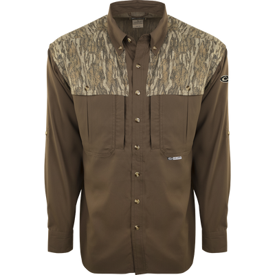 A long sleeved shirt with a camouflage design, perfect for early season hunting. Made of ultra-lightweight polyester fabric with UPF 50+ sun protection. Features include back heat vents, mesh side panels, and multiple chest pockets. The EST Two-Tone Camo Flyweight Wingshooter's Shirt L/S.