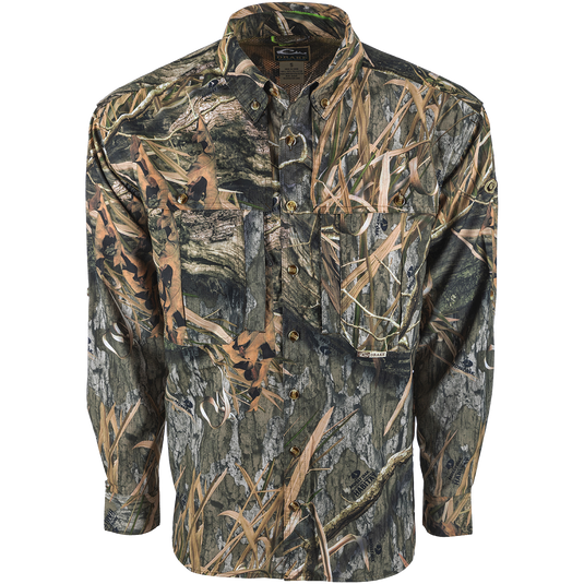 EST Camo Flyweight Wingshooter's Shirt: A lightweight, breathable hunting shirt with a camouflage pattern. Features include UPF 50+ sun protection, vented mesh back, and multiple chest pockets. Perfect for early season hunting.