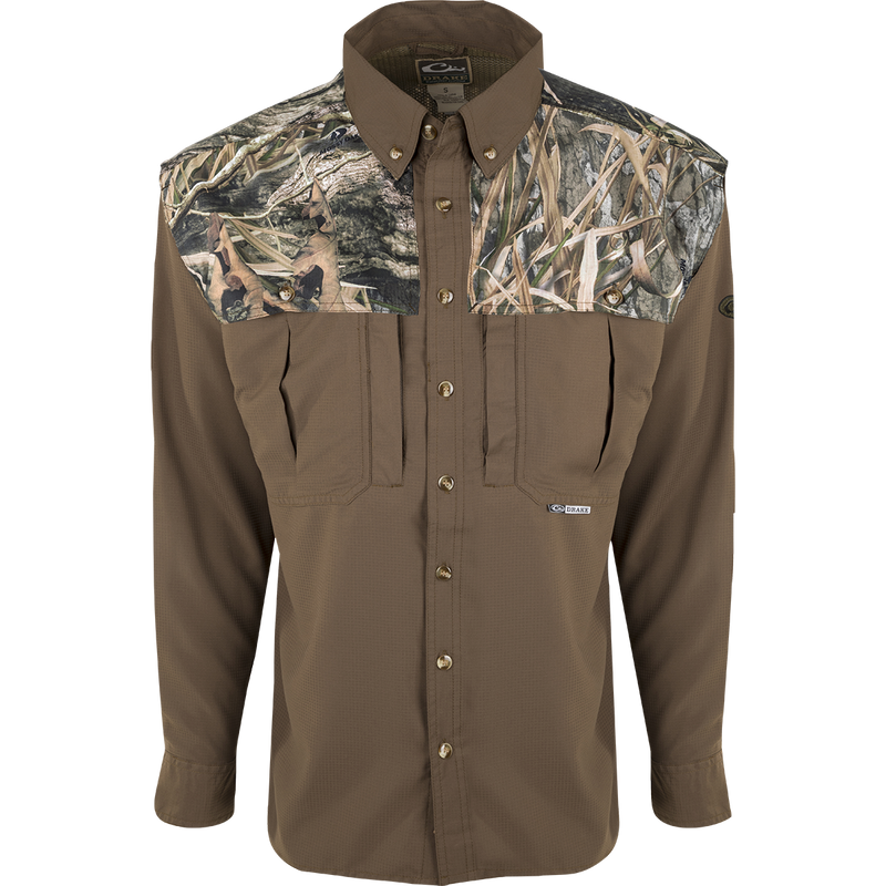 A long-sleeved camo shirt for hunting, made of lightweight polyester fabric. Features include UPF 50+ sun protection, back heat vents, mesh panels, and multiple chest pockets. Perfect for early season hunting.