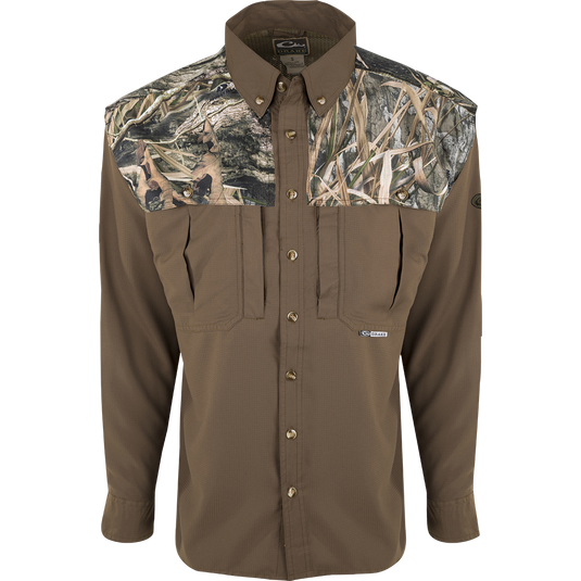 A long-sleeved camo shirt for hunting, made of lightweight polyester fabric. Features include UPF 50+ sun protection, back heat vents, mesh panels, and multiple chest pockets. Perfect for early season hunting.