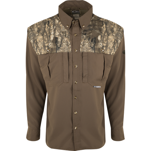 A Two-Tone Camo Flyweight Wingshooter's Shirt with back vents, mesh panels, and multiple chest pockets for hunting. Made of lightweight polyester with UPF 50+ sun protection.