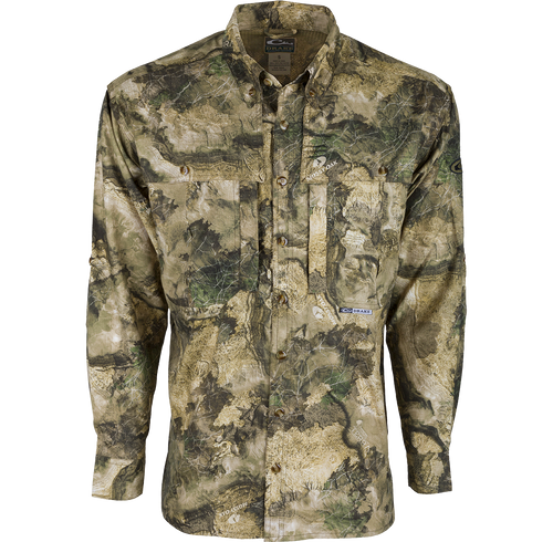 A long sleeved shirt with a camouflage pattern, made of ultra-lightweight polyester fabric. Features include Sol-Shield™ UPF 50+ sun protection, vented mesh back, and multiple chest pockets. Perfect for early season hunting.