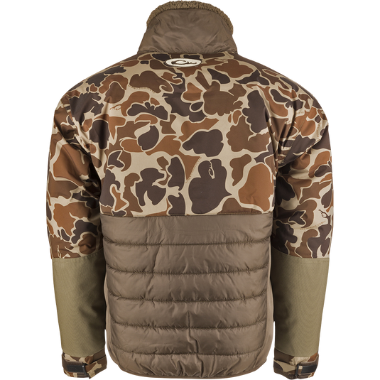 A close-up of the LST Guardian Flex Double Down Eqwader 1/4 Zip Jacket - Old School Camo, featuring a camouflage pattern on the back and a hood.