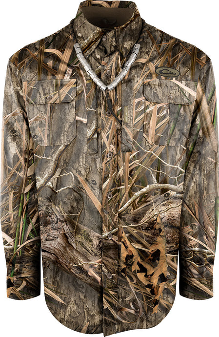 A waterproof Guardian Flex Shirket™, a long sleeved shirt with a camouflage pattern, featuring multiple pockets for essentials.