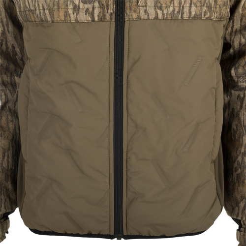 Women's LST Guardian Flex Double Down Eqwader Full Zip Jacket w/ Hood: A close-up of a khaki jacket with a zipper and multiple pockets. Stay protected and comfortable in any weather with this waterproof and windproof garment.
