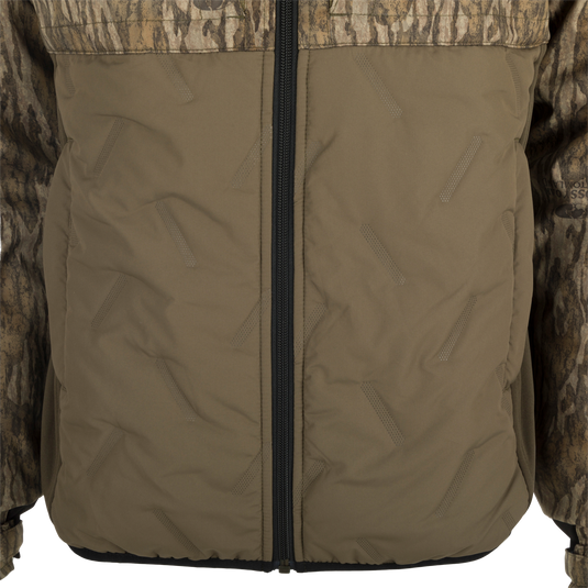 Women's LST Guardian Flex Double Down Eqwader Full Zip Jacket w/ Hood: A close-up of a khaki jacket with a zipper and multiple pockets. Stay protected and comfortable in any weather with this waterproof and windproof garment.