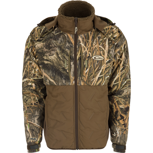 LST Guardian Flex Double Down Eqwader Full Zip w/ Hood: A waterproof and windproof jacket with a camouflage pattern, featuring 200-gram Polyester Double Down Insulation, stretch breathable fabric, and a fleece-lined hood. Stay protected and comfortable in any weather.