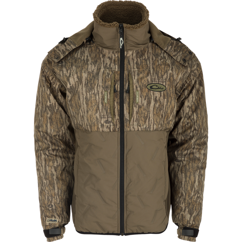 A youth jacket with waterproof upper body and arms, double down insulation, and a fleece-lined hood. Improved fit and cuff closures for comfort and adjustments. Multiple chest pockets for convenience.