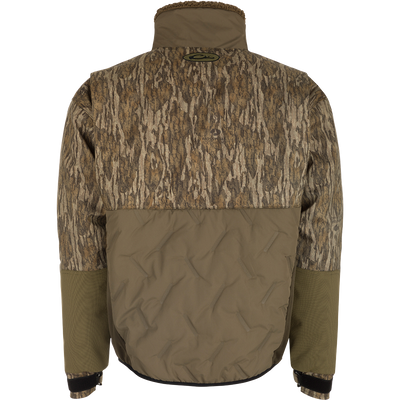 A waterproof and windproof jacket with a camouflage pattern, featuring 200g polyester synthetic double down insulation and abrasion-resistant matte finish. Stay warm and dry in the LST Guardian Flex Double Down Eqwader Full Zip.