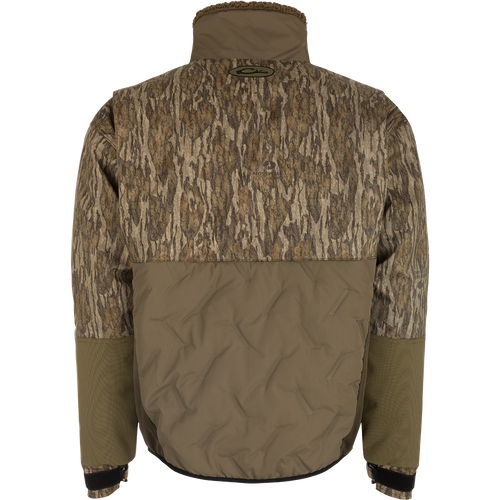 A waterproof and windproof jacket with a camouflage pattern, featuring 200g polyester synthetic double down insulation and abrasion-resistant matte finish. Stay warm and dry in the LST Guardian Flex Double Down Eqwader Full Zip.