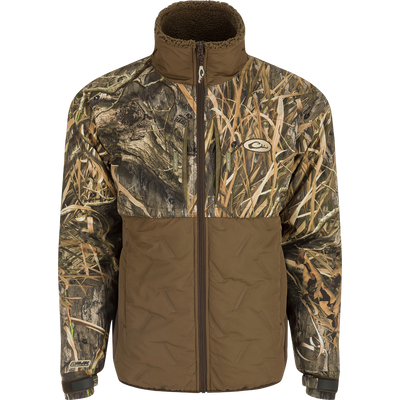 LST Guardian Flex Double Down Eqwader Full Zip: A waterproof and windproof jacket with a camouflage pattern. Features include synthetic double down insulation, elbow/forearm protection, and a matte finish on the lower body. Stay warm and dry in any conditions.