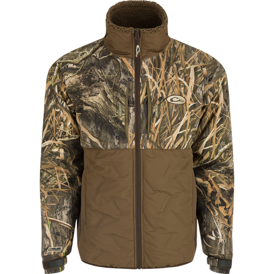 LST Guardian Flex Double Down Eqwader Full Zip: A waterproof and windproof jacket with a camouflage pattern. Features include synthetic double down insulation, elbow/forearm protection, and a matte finish on the lower body. Stay warm and dry in any conditions.