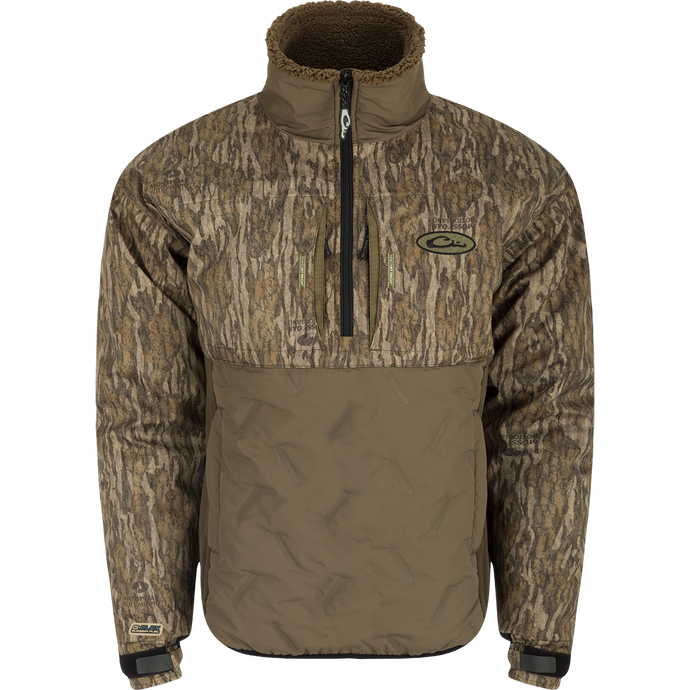 LST Guardian Flex Double Down Eqwader 1/4 Zip jacket with waterproof upper body, 200g polyester insulation, and elbow protection.
