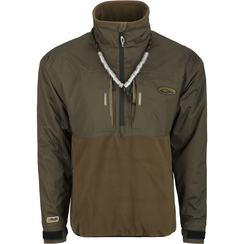 MST Guardian Eqwader Flex Fleece 1/4 Zip Jacket - A versatile outerwear piece featuring a green and brown jacket with a necklace. Waterproof and windproof upper body and arms with breathable polyester fleece on the lower body. Enhanced comfort and range of motion with reinforced elbow and forearm protection. Multiple pockets for convenience. Ideal for outdoor activities.