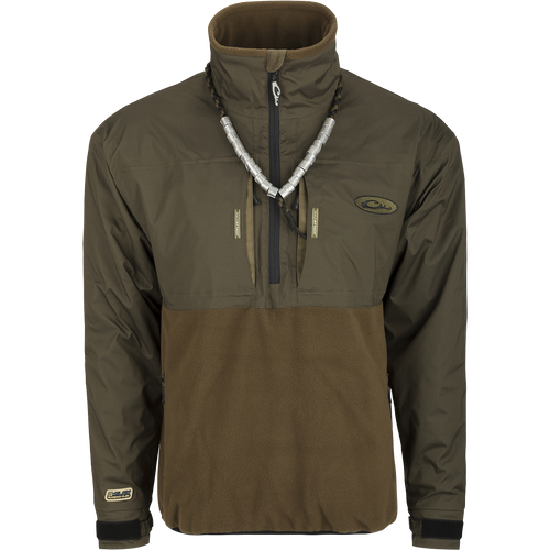MST Guardian Eqwader Flex Fleece 1/4 Zip Jacket - A versatile outerwear piece featuring a green and brown jacket with a necklace. Waterproof and windproof upper body and arms with breathable polyester fleece on the lower body. Enhanced comfort and range of motion with reinforced elbow and forearm protection. Multiple pockets for convenience. Ideal for outdoor activities.
