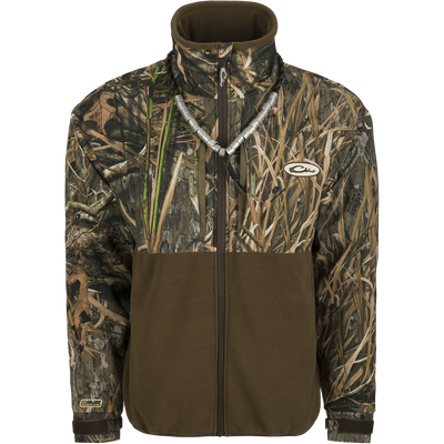 MST Guardian Eqwader Flex Fleece Full Zip Jacket, a waterproof/windproof outerwear with camouflage pattern, zipper closures, and multiple pockets.