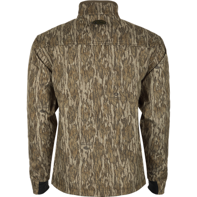 MST Windproof Softshell Jacket: A jacket with a tree pattern, featuring a logo close-up. Crafted from 100% polyester tech shell with a windproof membrane and soft bonded grid-fleece lining. Adjustable drawcord waist and zippered underarm vents for versatile wear. Magnattach™ vertical chest pockets and lower slash pockets for secure storage.