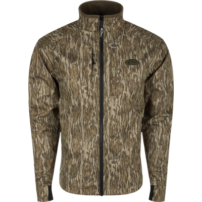 MST Windproof Softshell Jacket: A jacket with a tree pattern, featuring a zippered front, adjustable drawcord waist, and multiple pockets for secure storage. Stay warm and dry in all weather with this high-quality hunting gear.