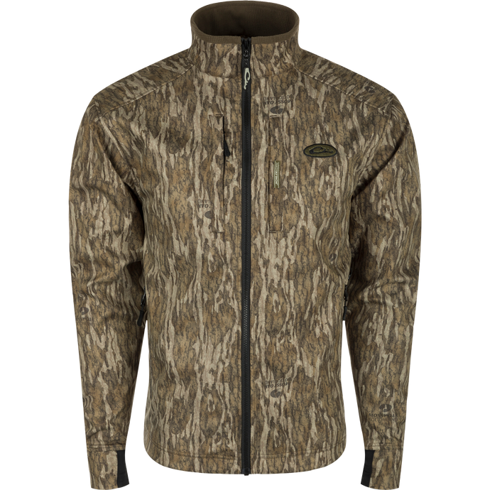 MST Windproof Softshell Jacket: A jacket with a tree pattern, featuring a zippered front, adjustable drawcord waist, and multiple pockets for secure storage. Stay warm and dry in all weather with this high-quality hunting gear.