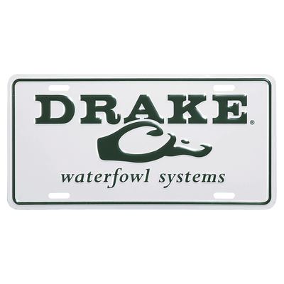 A Drake License Plate featuring a white and green design with text, images, and graphics. Perfect for showing your love of hunting and Drake Waterfowl Systems. Made of cast aluminum.