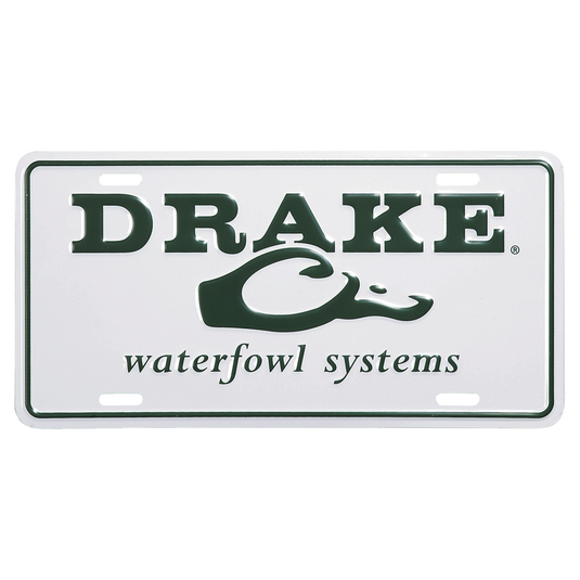 A Drake License Plate featuring a white and green design with text, images, and graphics. Perfect for showing your love of hunting and Drake Waterfowl Systems. Made of cast aluminum.