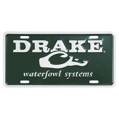 A close-up of the Drake License Plate, featuring white text on a green background and a logo. Perfect for showing your love of hunting and Drake Waterfowl Systems.