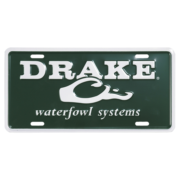 A close-up of the Drake License Plate, featuring white text on a green background and a logo. Perfect for showing your love of hunting and Drake Waterfowl Systems.