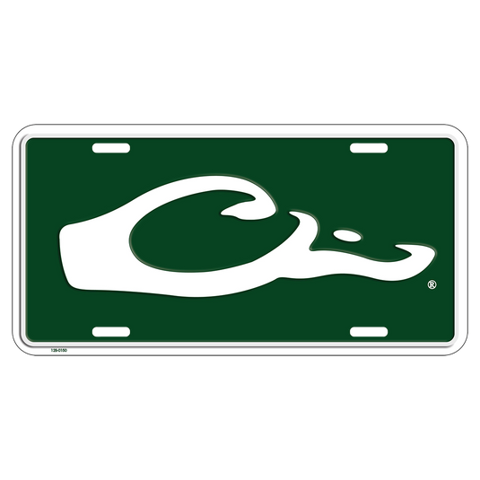 A Drake logo license plate featuring a green and white sign and logo. Made of cast aluminum. Perfect for showing your love of hunting and Drake Waterfowl Systems.