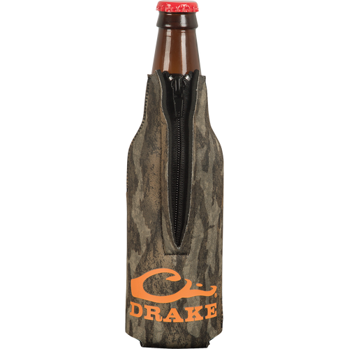 A Bottle Cooler featuring a camouflage case and a side zipper for a snug fit. Show off your favorite outdoor brand while keeping your favorite bottled beverage cold.