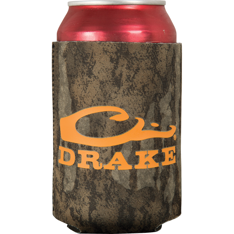 A can cooler with a cloth cover featuring a logo. Keep your favorite beverage cold and show off your favorite outdoor brand.