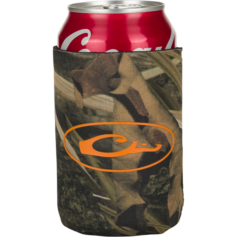 Can Cooler featuring a camo design and brand logo, perfect for keeping your favorite beverage cold. Zippered side and separate bottom piece for a snug fit without tipping over. Ideal for outdoor enthusiasts.