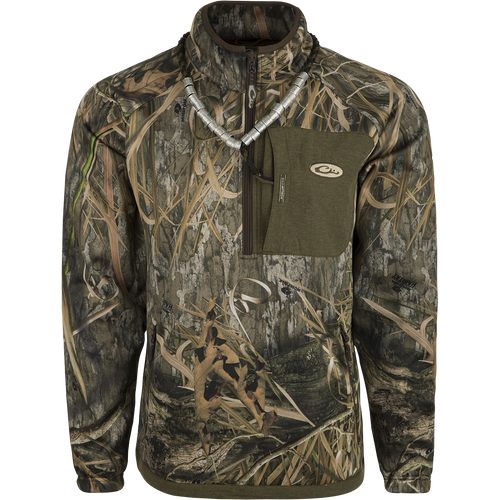 MST Endurance 1/4 Zip Camo Pullover: A camouflage jacket with a pocket, made of breathable Endurance fabric for comfort and mobility.
